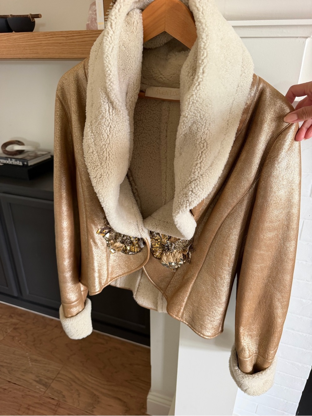 Valentino Metallic Gold Leather Jacket with Cream Shearling